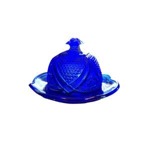 Vintage Cobalt Blue Massachusetts Butter Cheese Dish Domed Lid 8.25"X6"